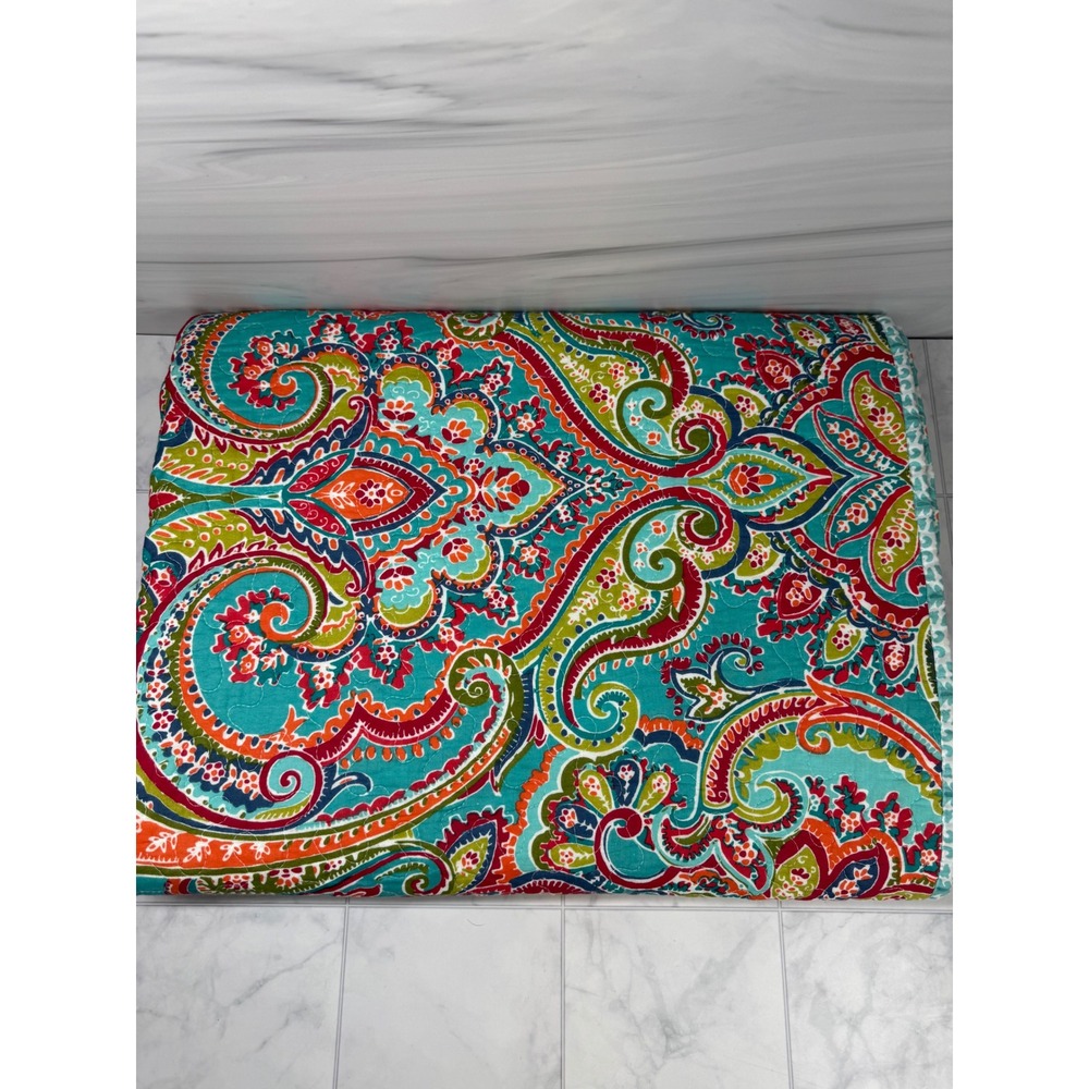 Newlake Twin Reversible Bedspread Coverlet Paisley Teal Orange Quilted EUC
